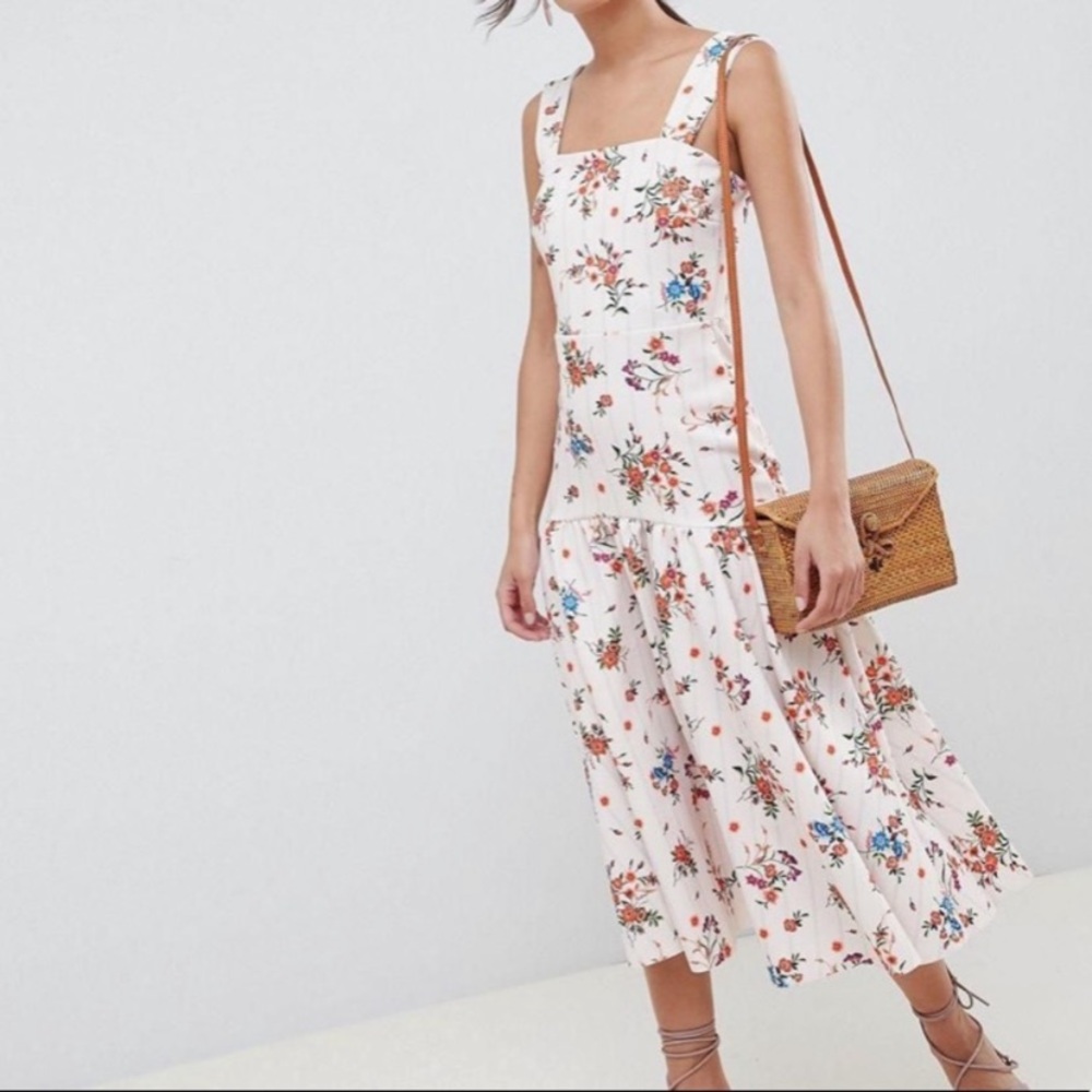 ASOS Cream Floral Drop Waist Midi Dress